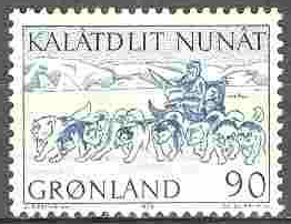 Почтовая марка Гренландия 90 эре с изображением почтовых саней и собачьей упряжки