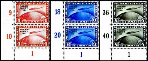 Угловые пары серии Германии к арктическому рейсу «Цеппелина» (надпечатки 1931 г.)