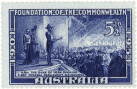 Открытие первого федерального парламента в Мельбурне в 1901 г. запечатлено на марке