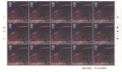 Часть листа сорокатрехпенсовых марок с Уэльским пейзажем