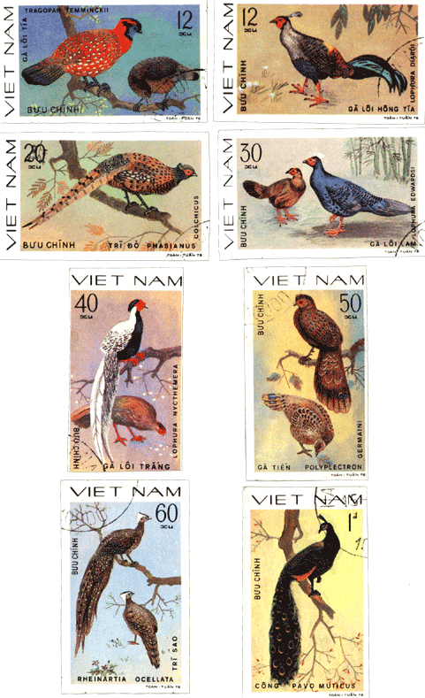 Марки Вьетнам 1979 год, охраняемые птицы фазаны